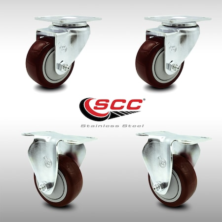 Service Caster 3 Inch SS Maroon Polyurethane Swivel Top Plate Caster Set with 2 Rigid SCC SCC-SS20S314-PPUB-MRN-2-R314-2